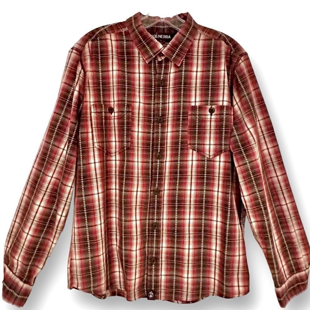 🔴2 or 40🔴 Generra shirt button up longsleeve plaid Large burgundy brown with red